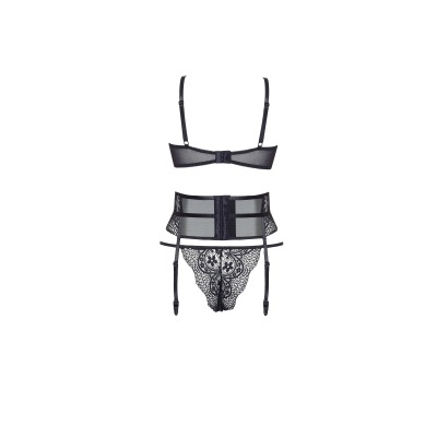 Conjunto de lingerie preto com soutien, cinta-liga transparente com renda e detalhes de alças
