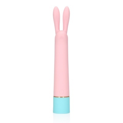Vibrador rosa com orelhas de coelho e base azul