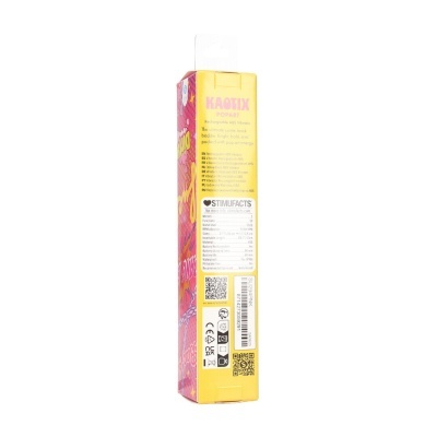 Embalagem amarela e rosa de vibrador recarregável KAOTIX POPART com informação técnica.