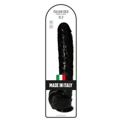 Dildo preto em embalagem branca com texto e bandeira da Itália