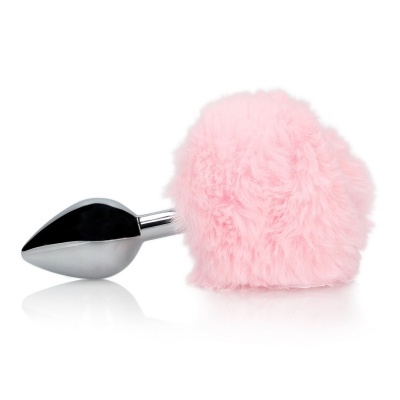 Plug anal metálico prateado com pelúcia rosa