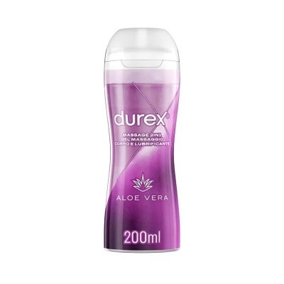 Frasco roxo de gel massageador e lubrificante Durex 200ml.