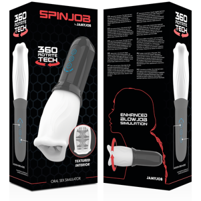 Embalagem preta do simulador oral sexual SpinJob com imagens e textos explicativos.
