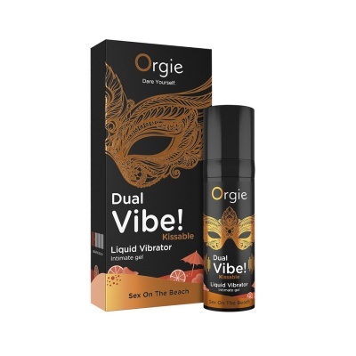 Gel íntimo líquido Dual Vibe! Kissable da Orgie com embalagem preta e detalhes dourados e tema praia