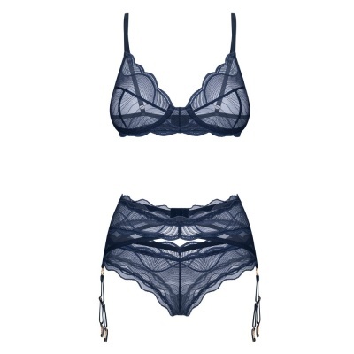 Conjunto de lingerie azul translúcido em renda com cinta-liga