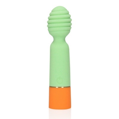 Vibrador pessoal verde claro e laranja com textura em anéis