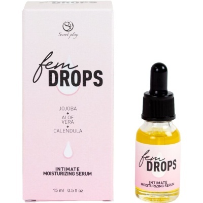 Sérum hidratante íntimo fem DROPS em frasco pequeno com conta-gotas e embalagem rosa.