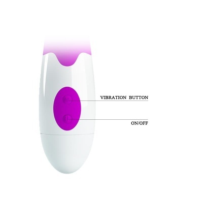 Dispositivo branco e roxo com botões roxos e etiquetas VIBRATION BUTTON e ON/OFF