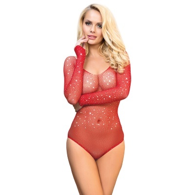 Body de rede vermelho com brilhos brancos e manga comprida