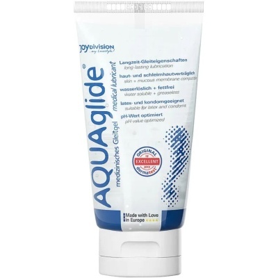 Frasco de lubrificante médico AQUAglide branco e azul