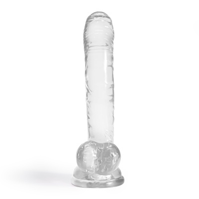 Dildo transparente em vidro com details texturados e base larga.