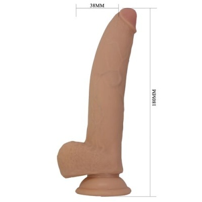 Dildo cor pele com base de ventosa e textura realista, medindo 180MM por 38MM