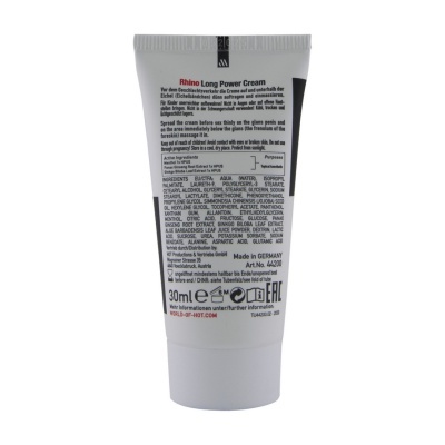 Frasco branco de creme Rhino Long Power Cream com texto e informações de ingredientes visíveis