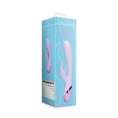 Embalagem azul com vibrador de silicone cor lavanda em formato coelho