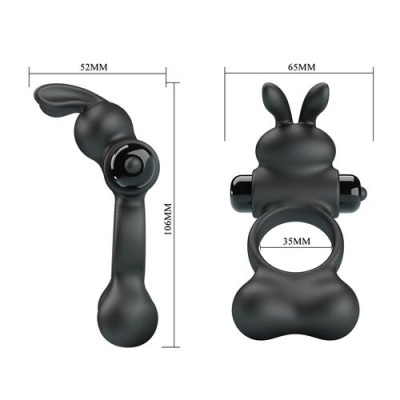 Anel de silicone preto em formato de coelho com vibração e medidas indicadas.