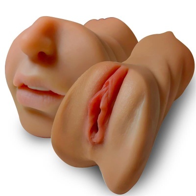 Brinquedos sexuais realistas em silicone representando boca e abertura vaginal em tons de pele