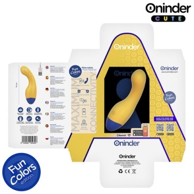 embalagem de vibrador amarelo com azul Oninder Fun Colors edition
