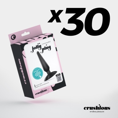Embalagem rosa e preta com anal plug preto e texto jolly plug e crushious.