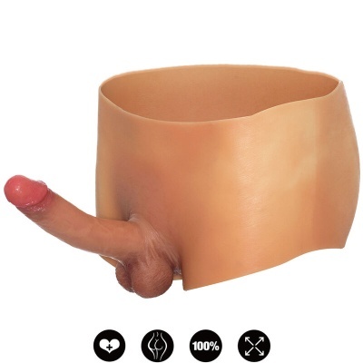 Modelo em silicone cor de pele com órgão genital masculino em relevo