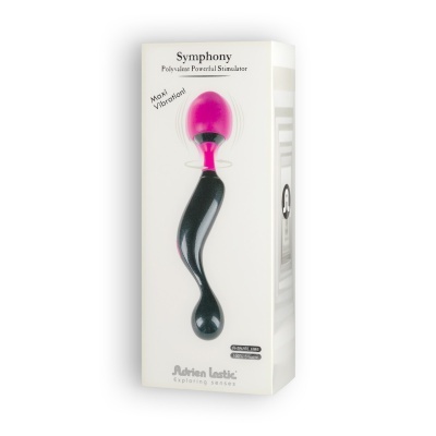 Embalagem de estimulador vibratório preto e rosa com texto Symphony e Maxi Vibration