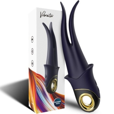 Vibrador preto bifurcado com detalhes dourados ao lado da caixa branca com texto.