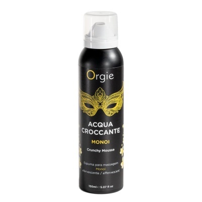 Embalagem preta de espuma para massagem Orgie Acqua Croccante Monoi com máscara dourada e tampa transparente