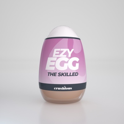 Frasco em forma de ovo com rótulo rosa e branco e texto EZY EGG THE SKILLED crushious