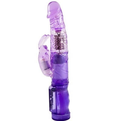 Vibrador roxo translúcido anatómico com contas e estimulador coelho