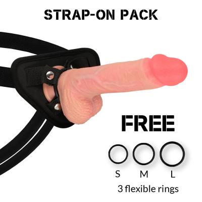 Pack de pénis artificial com arnês e três anéis flexíveis