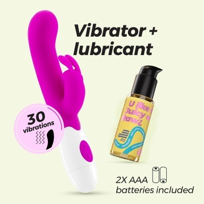 Vibrador cor-de-rosa e branco com lubrificante em frasco amarelo e texto promocional