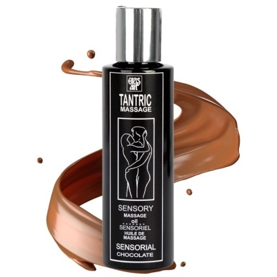 Frasco preto de óleo de massagem sensorial Tantric Massage da Eros Art com tampa prateada e mancha marrom atrás