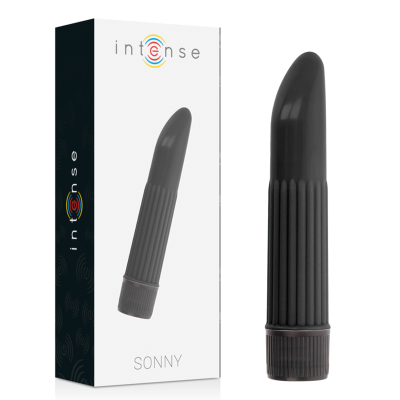 Vibrador preto com padrão canelado e caixa branca com texto intense e SONNY