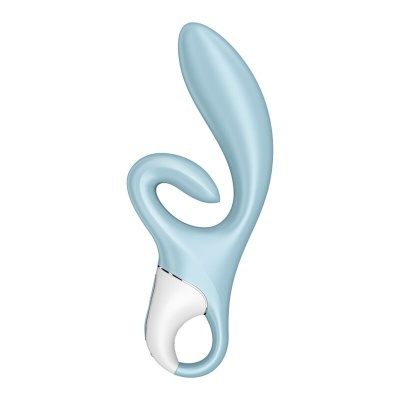 Vibrador silicone azul claro com base branca e detalhes cromados