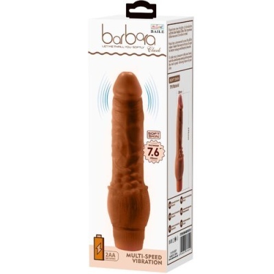 Vibrador tipo dildo castanho em embalagem branca com texto e indicação de tamanho