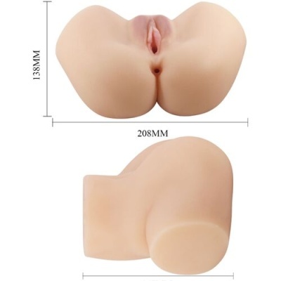 Produto de silicone formato anatómico de nádegas e genitais femininos com medidas 138MM x 208MM.