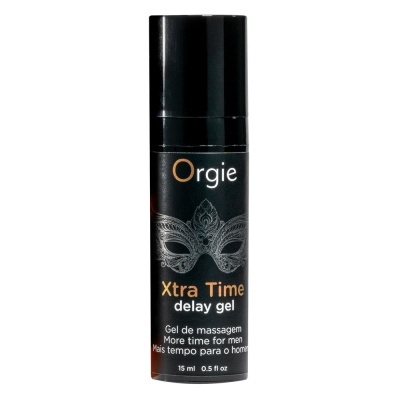 Frasco preto de gel Orgie Xtra Time delay gel com texto e imagem de máscara prateada