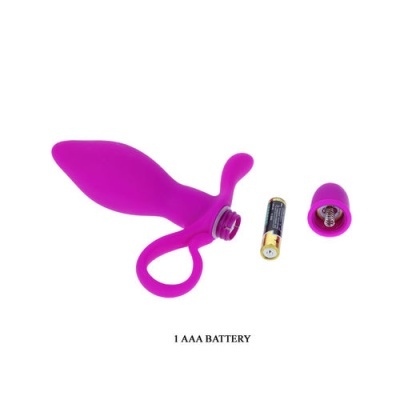 Vibrador rosa em silicone com pilha AAA ao lado e texto 1 AAA BATTERY