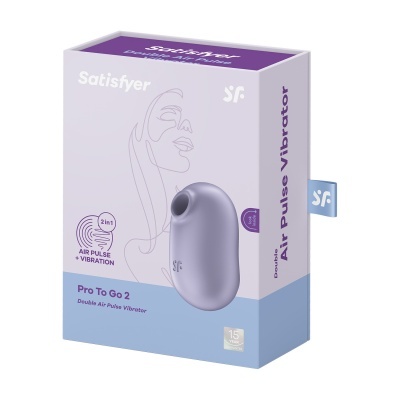 Caixa do produto Satisfyer Pro To Go 2, vibrador lilás com tecnologia Air Pulse e vibração.