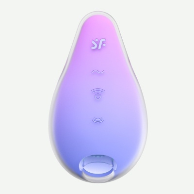 Dispositivo eletrónico ergonómico rosa e azul com vários símbolos no topo.