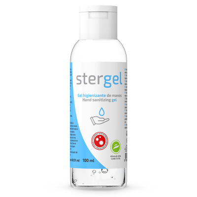 Frasco de gel higienizante Stergel de 100 ml com etiqueta branca e azul