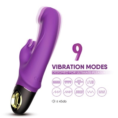 Vibrador roxo com base preta e detalhe dourado