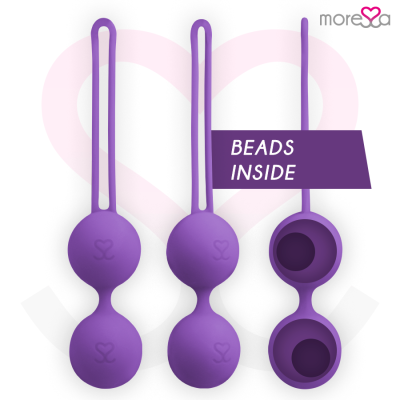 Três bolas de silicone roxo com cordão e texto BEADS INSIDE