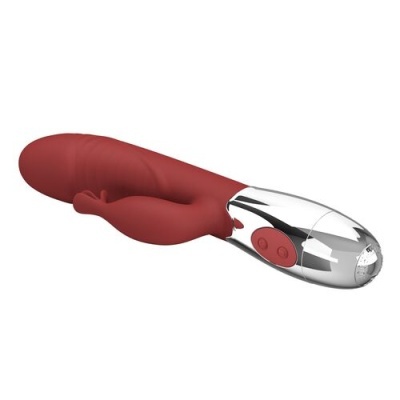 Vibrador vermelho com controlo prateado e botões vermelhos