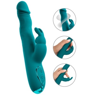 Vibrador azul turquesa com apêndice de coelho e botões de controlo