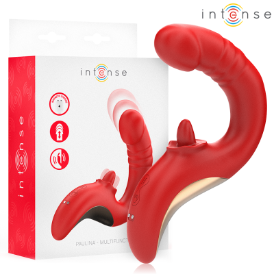 Vibrador vermelho multifunções com embalagem da marca Intense