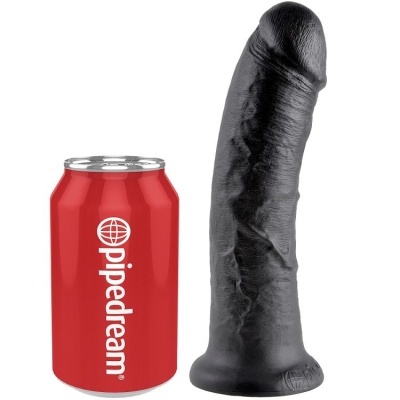 Brinquedo sexual preto ao lado de lata vermelha com texto branco
