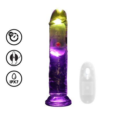 Dildo transparente iluminado com controle remoto branco e ícones de funções