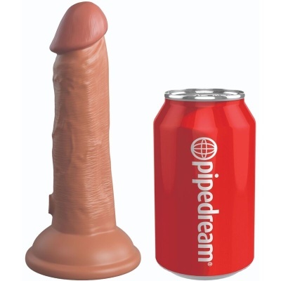 Produto sexual em forma de pénis castanho ao lado de lata vermelha com texto pipedream.