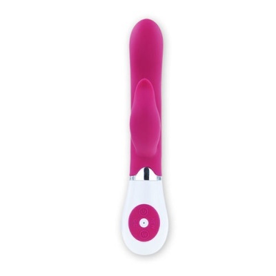 Vibrador rosa com base branca e controlos circulares