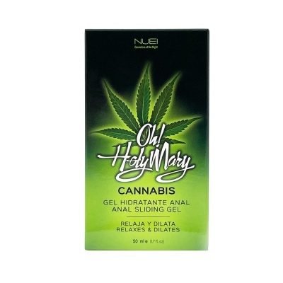 Caixa de gel hidratante anal com folha de cannabis e texto em verde e preto